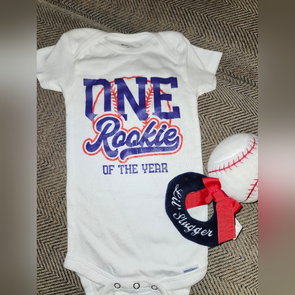 Rookie of the year baseball baby onesie with rattle